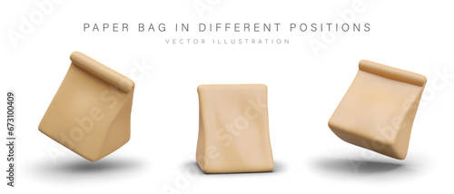 Realistic bag in different positions for food products. Paper packaging for bread. Eco packaging concept. Vector illustration in 3d style in brown colors