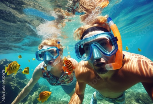 Couple snorkeling to see the beauty of coral and sea fish photo