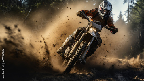 Motocross motorbike motorcycle rider on blurred mud dirt rainy mountain road