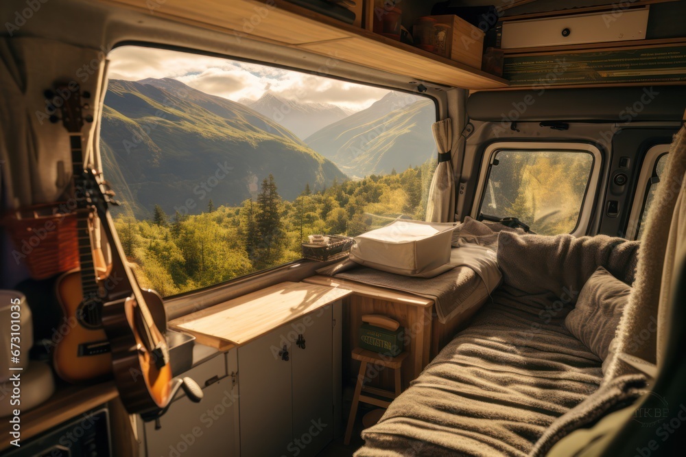 camper van interior parked in the morning in the mountains. Road trip and house on wheels concept.