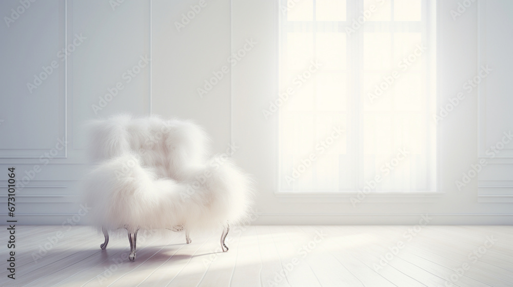 Minimal interior design of a luxury empty white room with fur armchair. Copy space.  Classic style. Generative AI - obrazy, fototapety, plakaty 