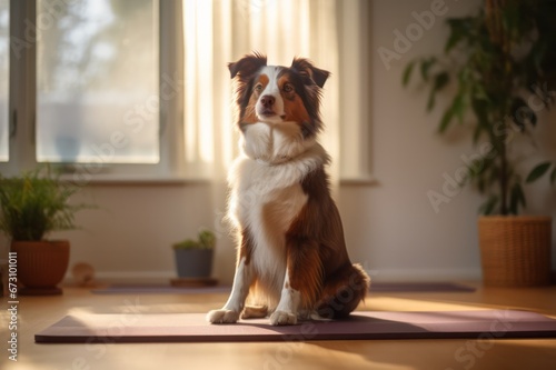 australian shepherd dog on yoga mat at minimal home interior. Yoga with pets class.