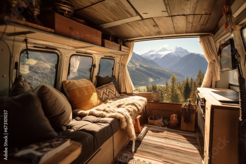 camper van interior parked in the morning in the mountains. Road trip and house on wheels concept.