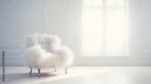 Minimal interior design of a luxury empty white room with fur armchair. Copy space.  Classic style. Generative AI photo