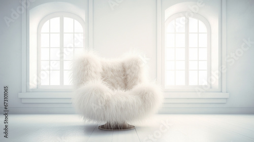 Minimal interior design of a luxury empty white room with fur armchair. Copy space. Classic style. Generative AI