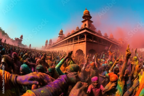 aerial view of crowd of people at holi festival in India covered with colorful paint powder. Travel and celebrating holidays. Non western tradition.