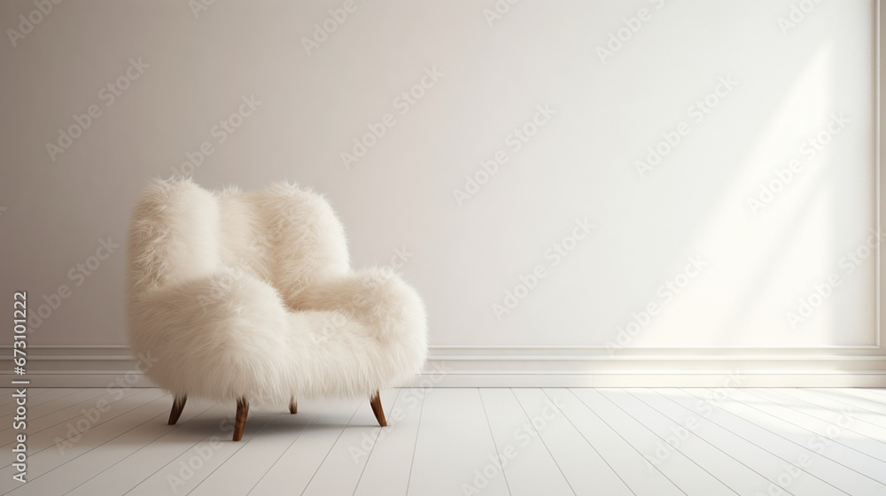 Minimal interior design of a empty white room with fur beige armchair. Copy space. Boho style. Generative AI Minimal interior design of a empty white room with fur beige armchair. Copy space. Boho style. Generative AI