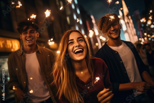 group of happy smiling diverse, young people having fun walking the street on Christmas Eve or New Year at night