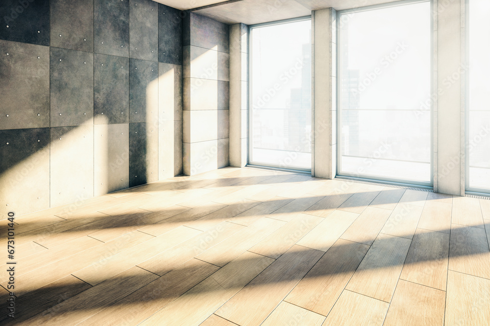 Empty Open Loft Area with Large Window- 3D Visualization Empty Open Loft Area with Large Window- 3D Visualization