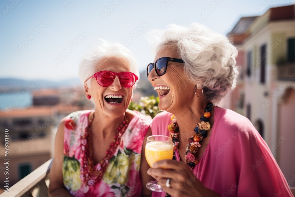 Happy laughing senior women in sunglasses having fun drinking cocktails on vacation. Female retired friends traveling. Happy laughing senior women in sunglasses having fun drinking cocktails on vacation. Female retired friends traveling.