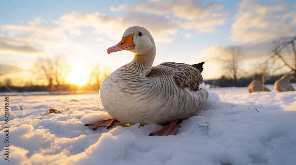 A lost wild young goose rolling down a hill in winter created with Generative Ai A lost wild young goose rolling down a hill in winter created with Generative Ai