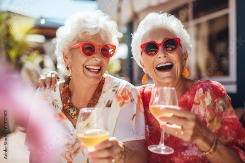 Happy smiling senior women in sunglasses having fun drinking cocktails on vacation. Female retired friends traveling.