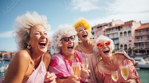 Happy four smiling senior women in sunglasses having fun drinking cocktails on vacation. Female retired friends traveling.
