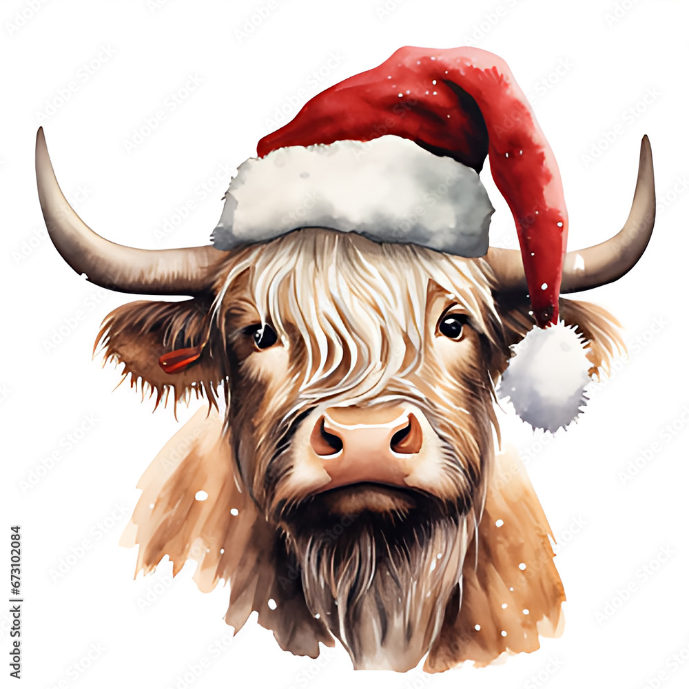 highland cow in santa's hat watercolor illustration.. - obrazy, fototapety, plakaty 