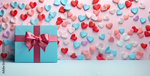A picture of St. Valentine's blue gift box with a red ribbon bow.