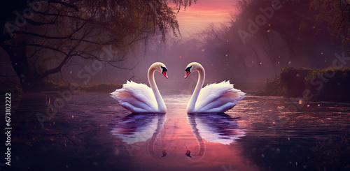 Fototapeta Naklejka Na Ścianę i Meble -  A picture of two loving white swans in the lake under the moonlight.