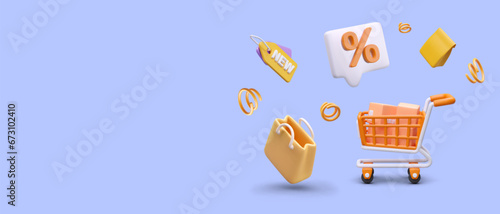 Creative shopping concept. 3D composition for online store advertising. Shopping cart with boxes, package, bag, percent sign, tag with mark new, decorative elements. Discounts, sale, new collection