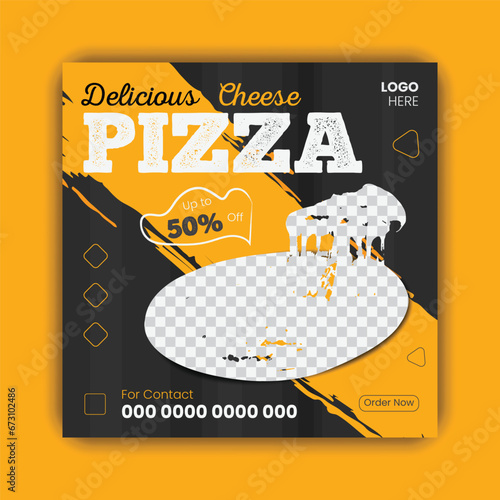 Fast food restaurant web banner template or business marketing social media post design with abstract background, logo and icon. Fresh pizza. photo