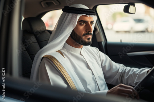Middle Eastern man driving his car  he s wearing the typical Emirati dishdasha
