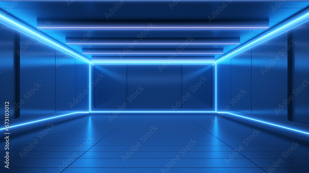 Interior of a sleek futuristic blue corridor with glowing neon light accents and geometric design elements. Copy space. Generative AI