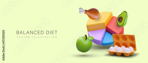 Poster with 3d round diagram, eggs, fruits and vegetables. Balanced diet, healthy food concept. Vector illustration with place for text in 3d style and yellow background