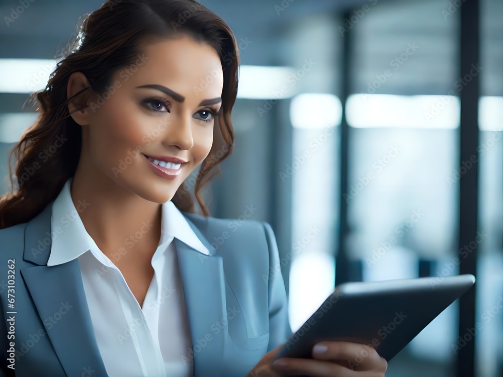 Beautiful happy business woman working with tablet in corporate office. Generative AI Beautiful happy business woman working with tablet in corporate office. Generative AI