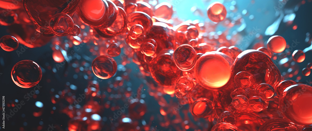 Pretty red bubbles background with dark colors, many perfect illuminated circles in various sizes floating under water, detailed, slightly defocused design made using Generative AI. - obrazy, fototapety, plakaty 