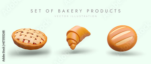 Collection with bakery products. Round bread, tasty sweet croissant and pie with jam filling. Poster with blue background and place for text in 3d style
