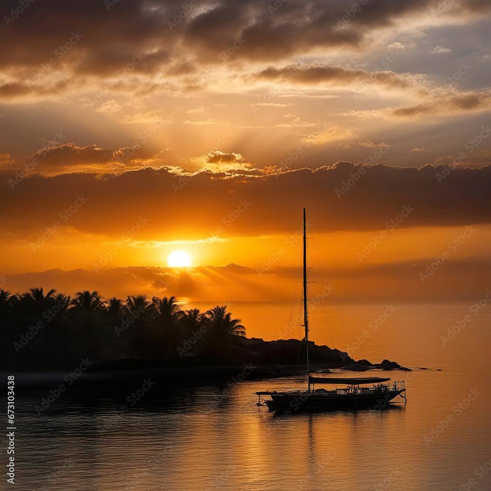 Puesta de sol que se refleja en el mar sobre una isla y un barco velero 