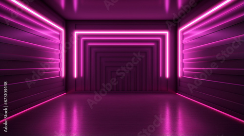 Futuristic empty neon-lit room with pink glowing frame on wall. Modern interior design with copy space. Generative AI