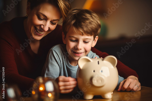 Mother and son putting coin in piggy bank