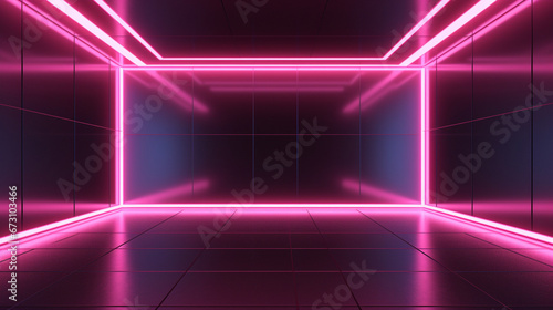 Futuristic empty neon-lit room with pink glowing frame on wall. Modern interior design with copy space. Generative AI