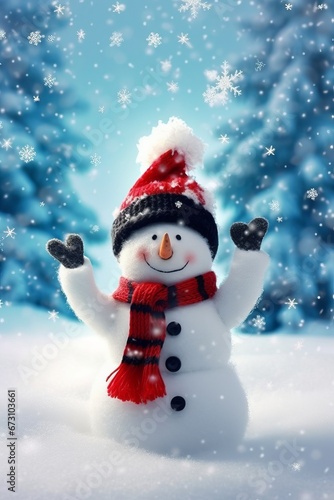 Christmas scene with a cute snowman. Snow is blowing. Tree in background. © Dragan