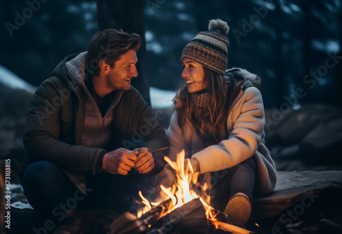 Couple sitting by a campfire, keeping warm and talking in winter with snow around them. Outdoor dating, adventure and being cozy by a fire. Shallow field of view.