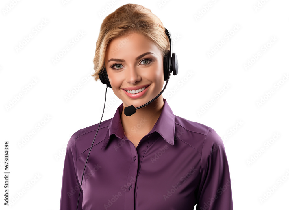 portrait of a young woman customer service representative wearing headphones in purple clothes with a gentle smile, providing support and assistance in call center