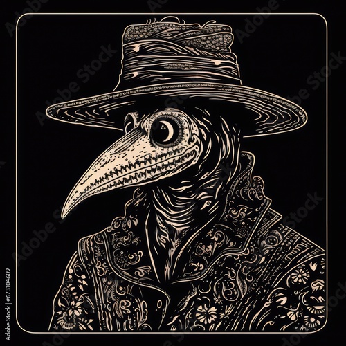 Plague doctor black and white illustration, AI generated Image photo