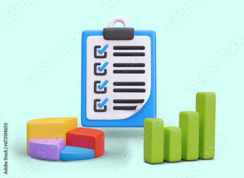 3D clipboard with checkbox, bar and pie chart. Concept of control of completed tasks, compliance with plan, accounting and analysis. Vector illustration in cartoon style