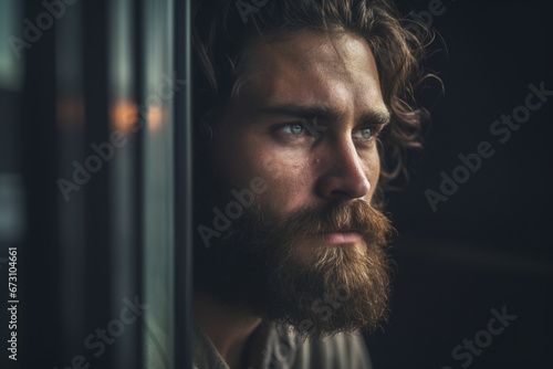 Pensive bearded Young man looking through a window © alisaaa
