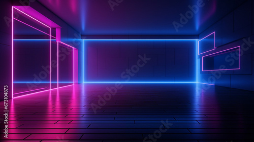 Interior of a empty dark modern room with blue and pink neon glowing light. Copy space. Generative AI 