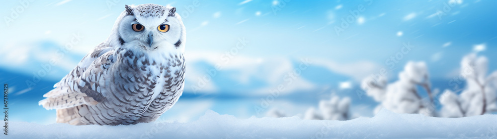 Obraz premium Banner with cute baby owl on isolated winter background. Postcard with copy space. Generative AI