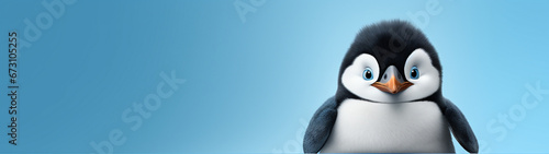 Banner with cute cartoon penguin baby on isolated blue background. Postcard with copy space. Generative AI photo