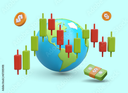 Realistic Earth, coins, banknotes, stock chart of Japanese candles. Online tracking of exchange rates, prices of basic goods. Color vector composition for web design