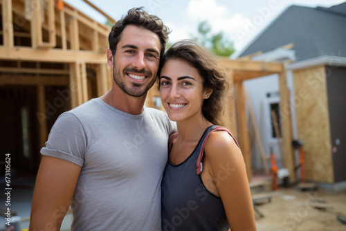 Portrait of a Beautiful Young Couple in Love Standing in Front Their New Home  Successful Homeowners Looking at Camera and Smile  Female in a Dress Expecting a Baby  Real Estate Housing Market Concept