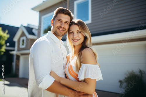 Portrait of a Beautiful Young Couple in Love Standing in Front Their New Home, Successful Homeowners Looking at Camera and Smile, Female in a Dress Expecting a Baby, Real Estate Housing Market Concept