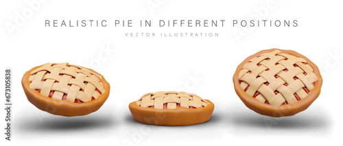 Realistic pie in different positions. Tasty round pie with fruit filling. Model for modern bakery. 3d bread concept. Vector illustration in 3d style with place for text