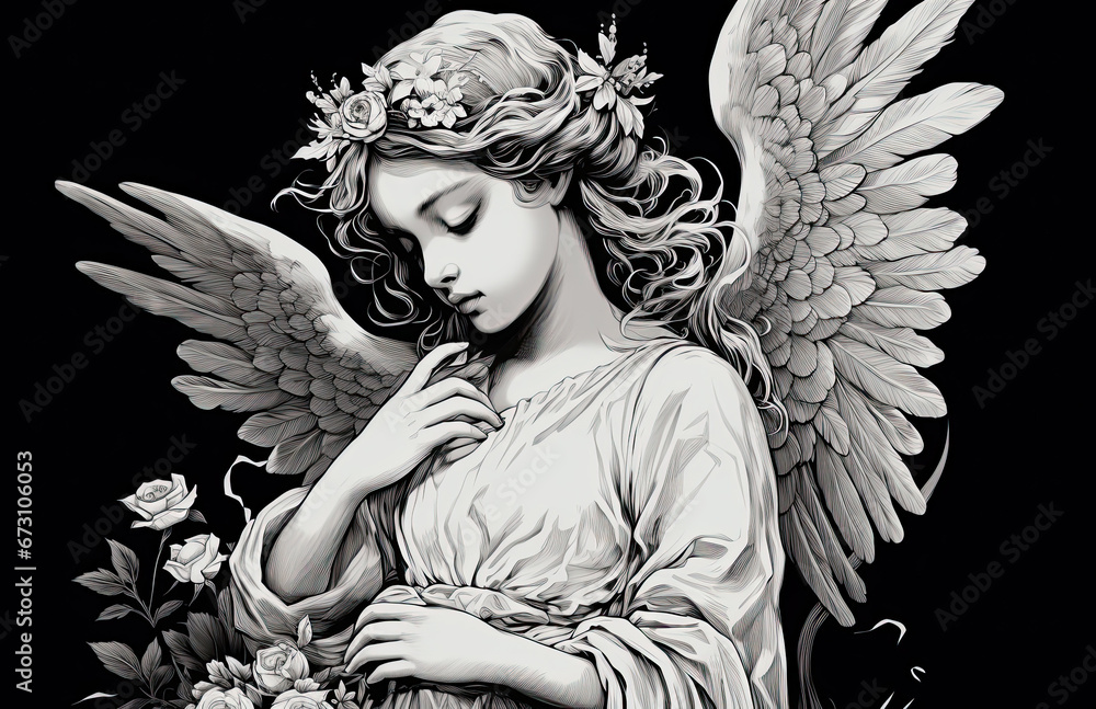 Fototapeta premium A black and white image of a pretty girl angel.