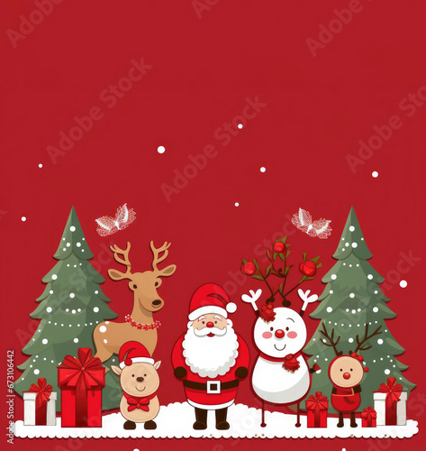 Cute Christmas Banner with Santa  Reindeer  and Snowman on Red Background