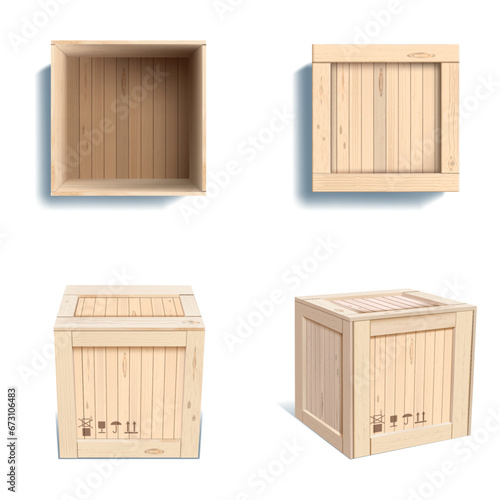 Wood box. Wooden open gift, cargo package with texture and fragile labels, empty container realistic mockup, brown board. Warehouse delivery equipment different side view. Vector isolated set