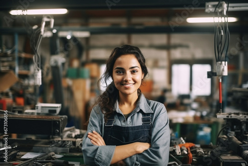 Portrait of a female engineering student in a workshop looking at the camera smiling - education concepts