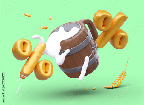 3d mug in shape of barrel with tasty beer and cartoon natural wheat. Concept of sale and discount. Promotion banner with alcoholic drink. Vector illustration with green background